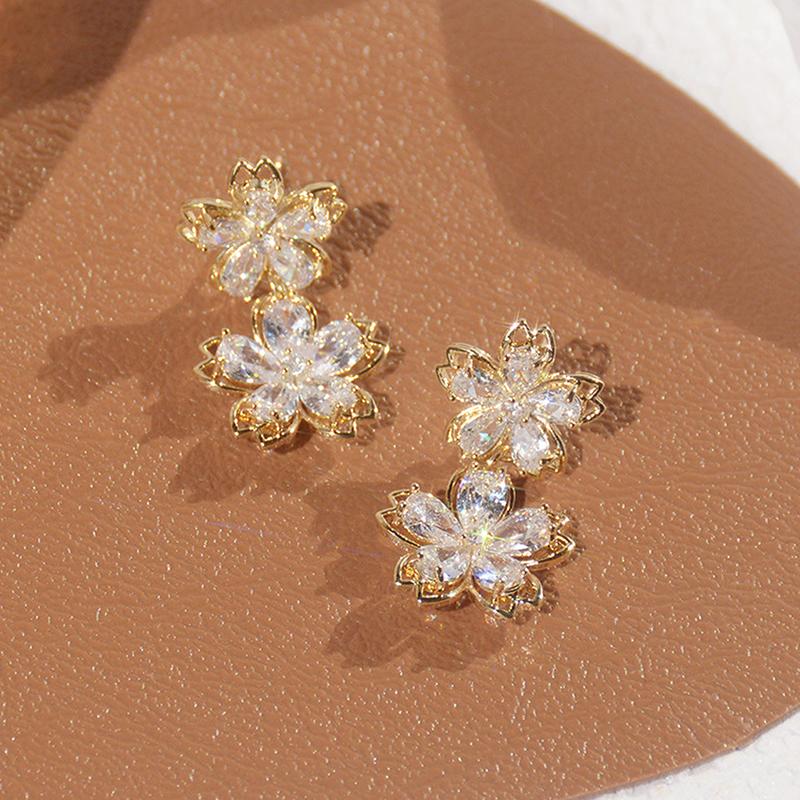 Korean  Selling Fashion Jewelry 14K Real Gold Plated Copper Inlaid CZ Zircon Earrings Elegant Double Flower Women Earrings
