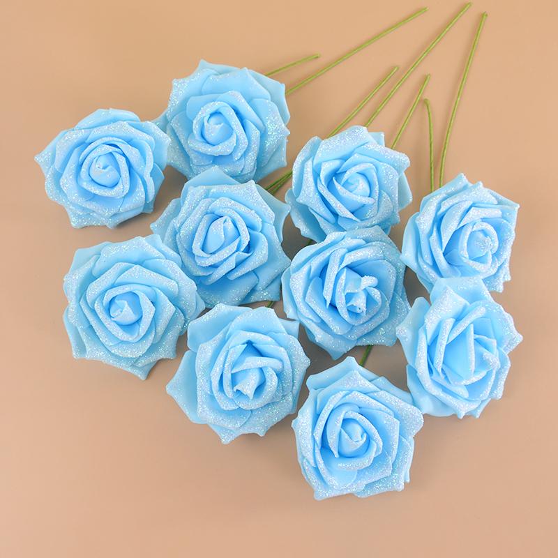10/20Pcs Artificial Rose Flowers with Stem Foam Glitter Fake Flower Bouquet Wedding Party Centerpieces Home Garden Decoration