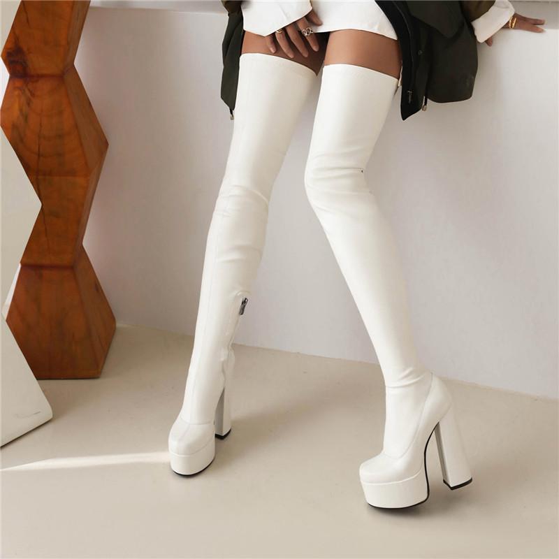 Stivali col tacco alto da donna, stivali sexy europei e americani impermeabili con plateau, tacco spesso, tinta unita, grandi dimensioni, al ginocchio