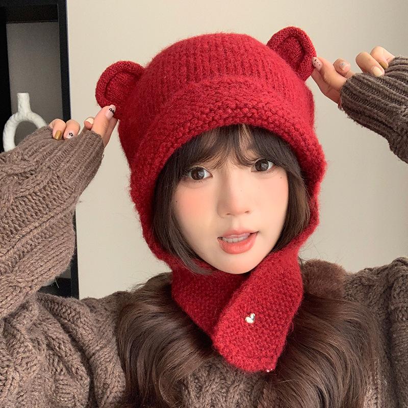 Cute Bear Ears Knitted Woolen Hat for Women in Autumn and Winter Versatile Face Showing Small Solid Color Hat Warm and Ear Protecting Lei Feng Hat