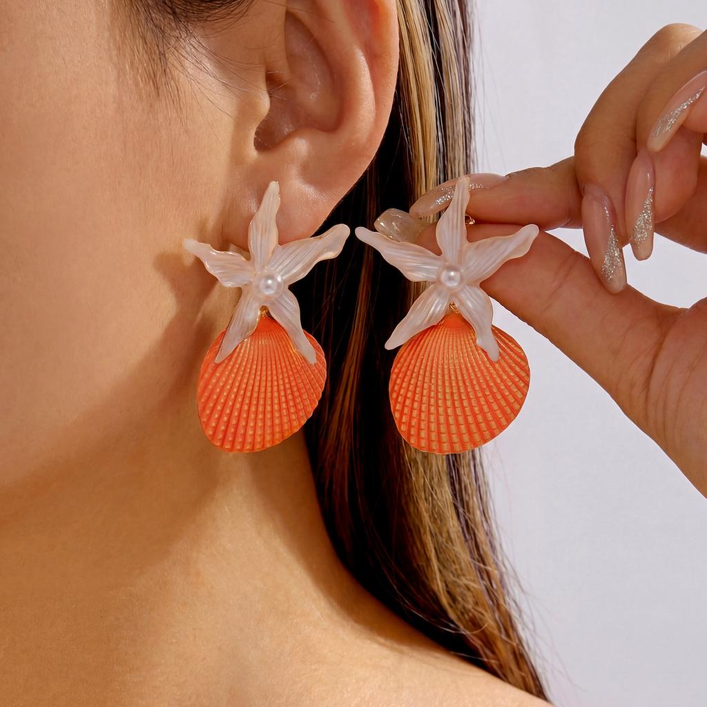 Fashion Blue Green Shell Flower Stud Earrings for Women Bohemian Imitation Pearl Scallop Earrings Aesthetic Party Jewelry Gifts