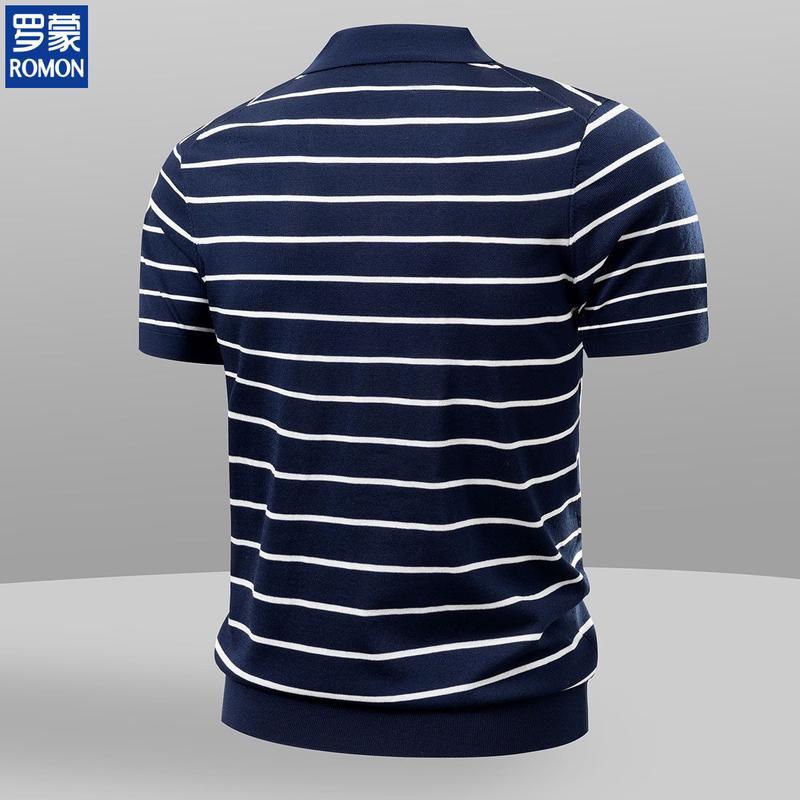 ROMON Men's Lyocell Ice Silk Striped Knit Polo Shirt