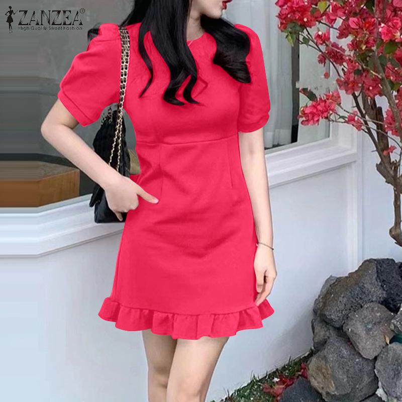 

ZANZEA женское летнее однотонное повседневное тонкое платье с коротким рукавом и круглым вырезом