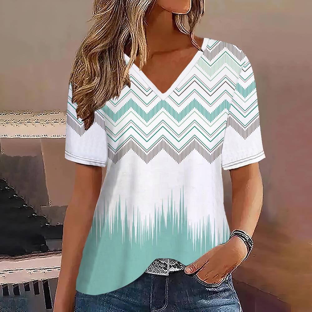Women's T-shirt Summer V-neck Short-sleeved Striped Graphic Printing Outdoor Casual Pullover Women's T-shirt