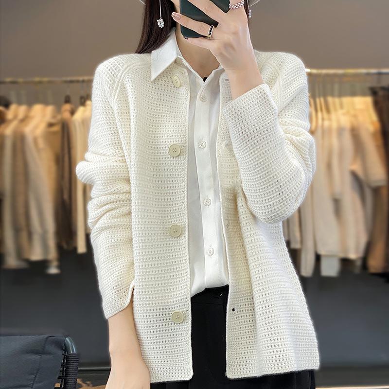 Women's Pure Wool Knit Cardigan Sweater: Loose, Round Neck, Hollow-Out Design