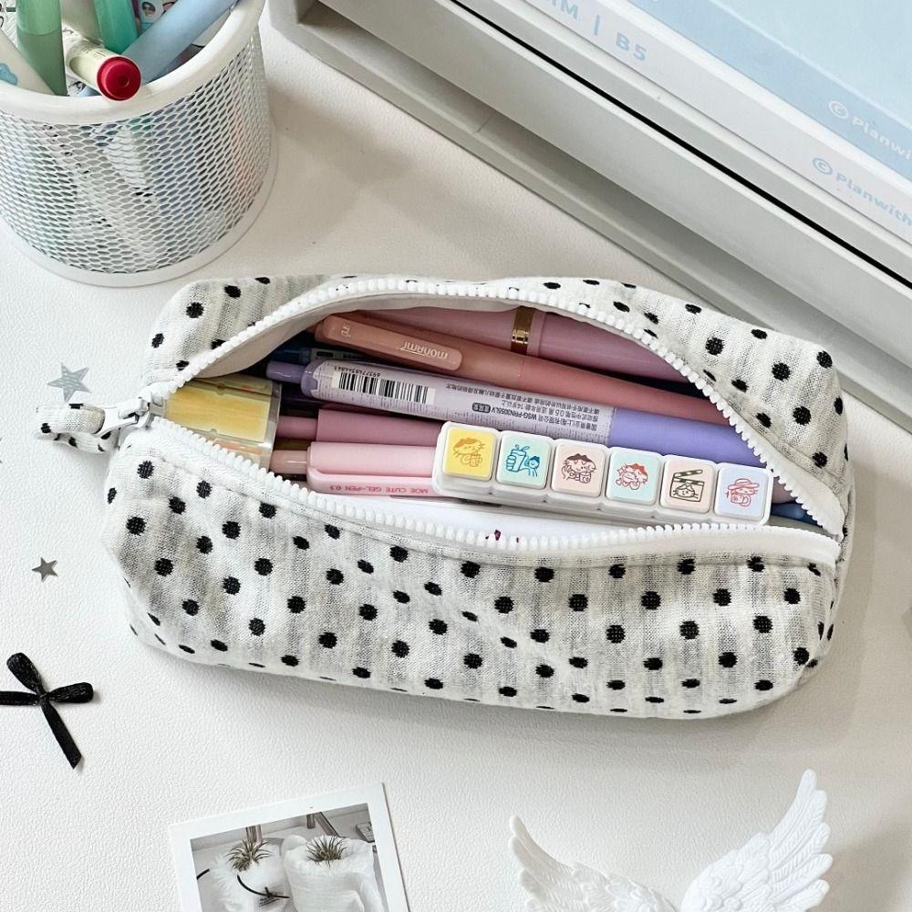 Korean Polka Dot Design Pencil Case Large-capacity Soft Touch Stationery Pouch Pen Bag Gift