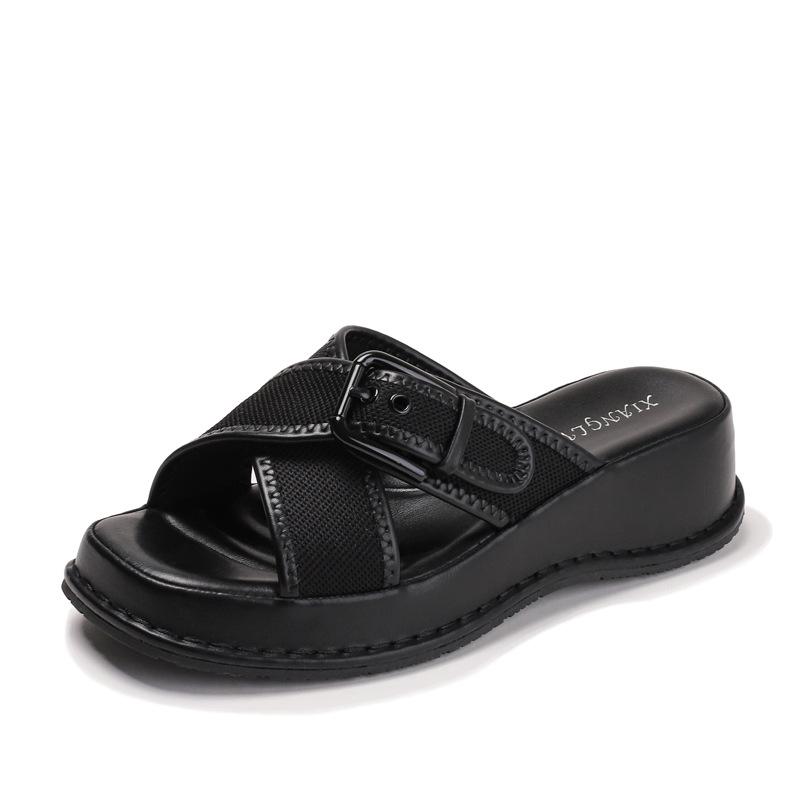 Retro fashion square head slippers women's new versatile belt buckle muffin thick bottom comfortable height-increasing one-word slippers