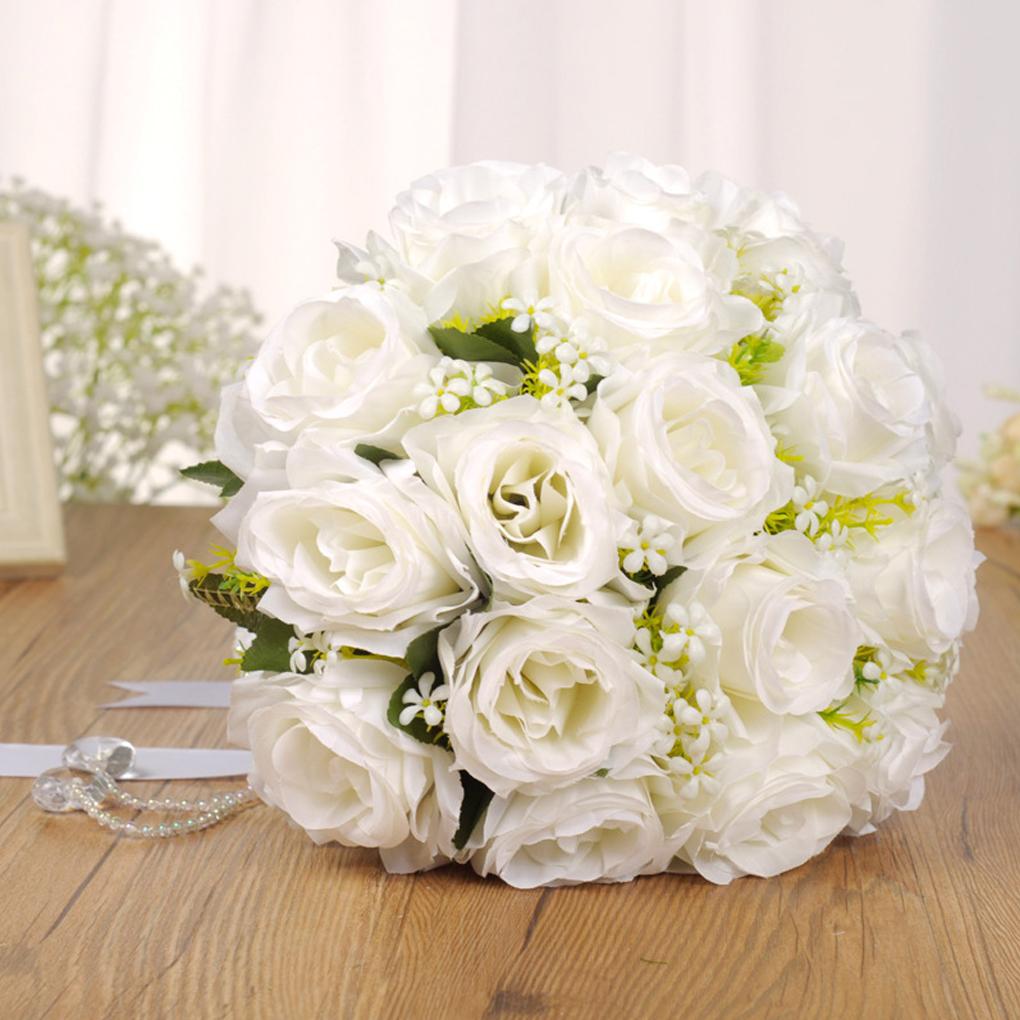 Wedding Satin Bouquet with Pearl Ribbon Bridal Hand Decoration Artificial Decorative Flowers for Engagement Celebration