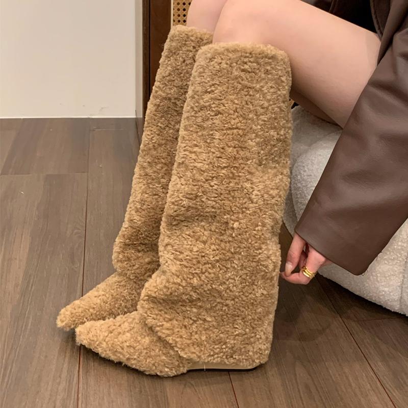 2026 New Fur Wedges Women High Boots Pointed Toe Designer Shoes Fashion Sexy Winter Snow Boots Warm Luxury Mujer Chelsea Botas