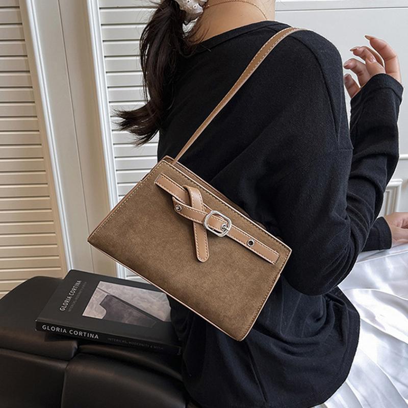 Yogodlns Retro Suede One Shoulder Bags for Women Early Autumn Square Frosted Solid Zipper Crossbody Bag Versatile Commute Handbags
