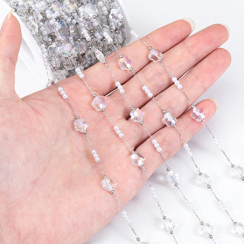 0.5M 1M PVD Plated Stainless Steel Chain Crystal Flowers Shape ABS Pearl Beaded Chains for Women DIY Handmade Necklaces Bracelet