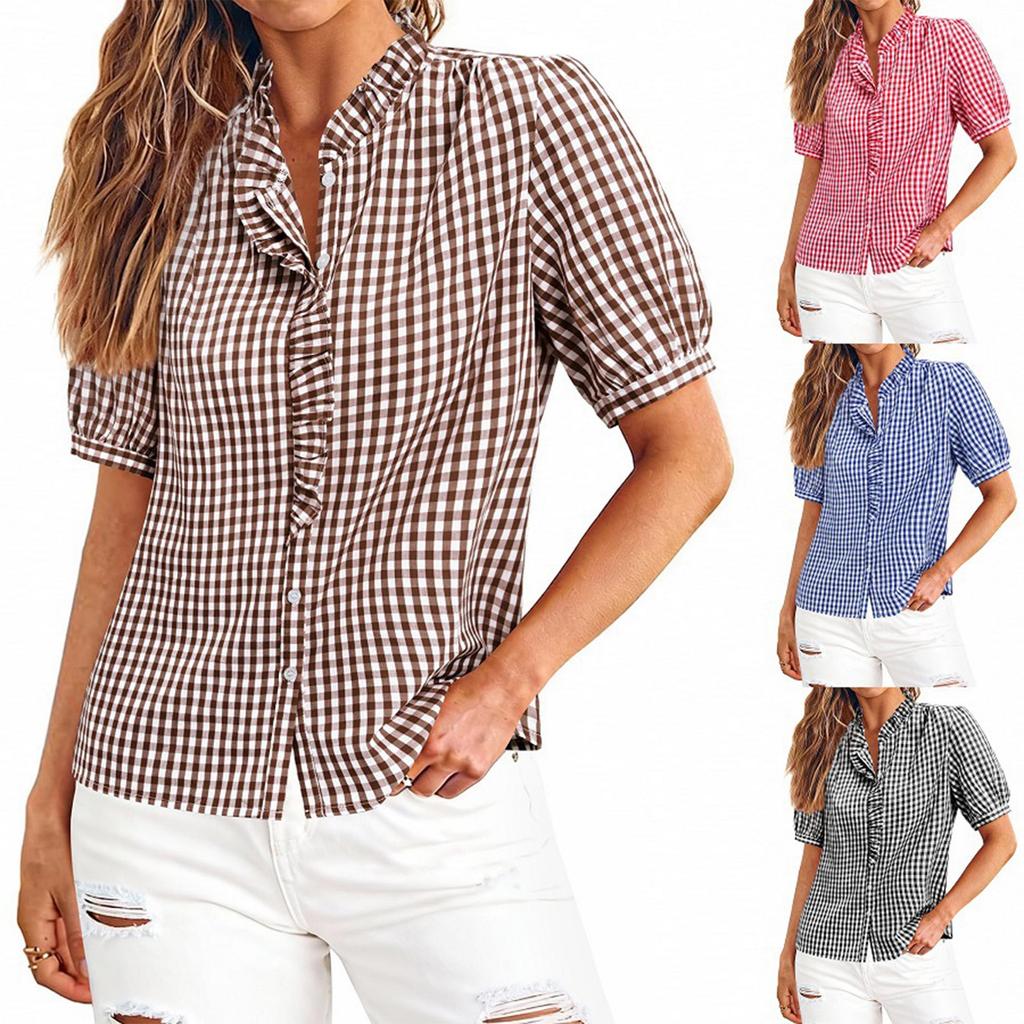 Camisa informal a cuadros de manga corta holgada con botones para mujer