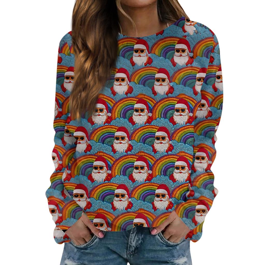 Dámské módní ležérní tričko s dlouhým rukávem s retro vánočním potiskem sněhuláka a kulatým výstřihem