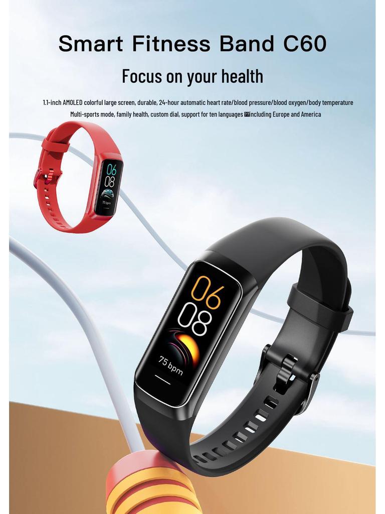 Smartwatch C60: Sport, krokomierz, tętno, ciśnienie krwi, temperatura ciała, tlen we krwi, ekran AMOLED HD, inteligentna bransoletka