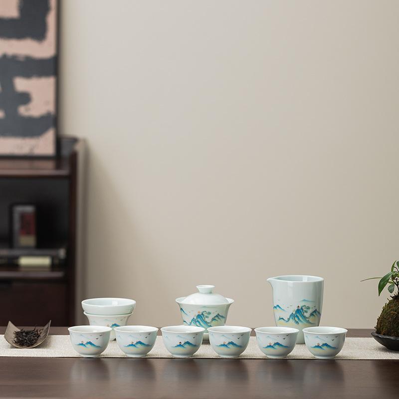 Suet Jade Qianli Jiangshan Tea Set Kung Fu Cover Bowl Teacup Combination Dehua White Porcelain Household Gift Tea Ware