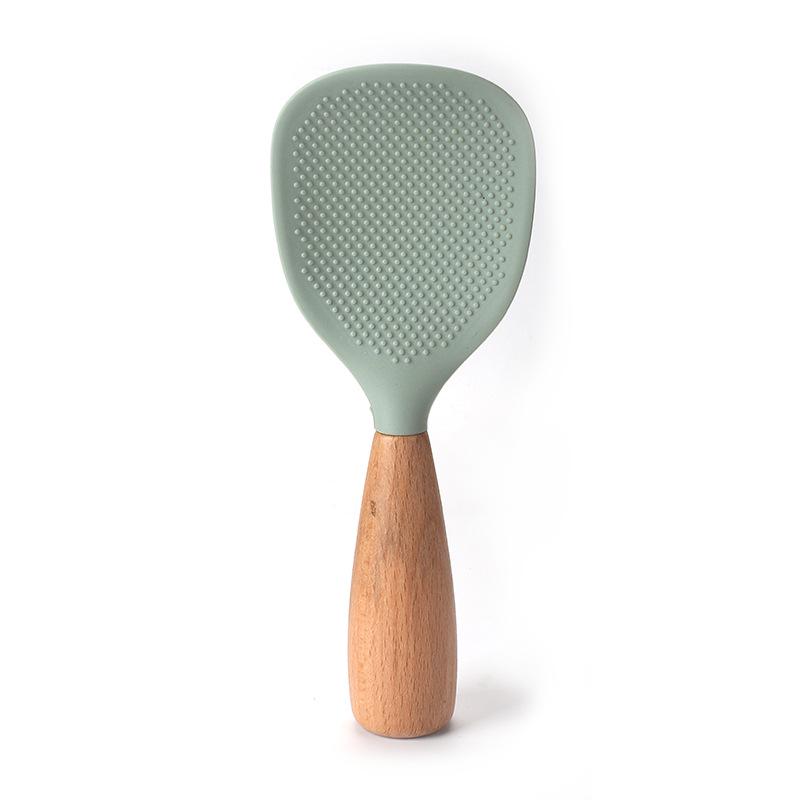 

High-Temp Resistant Silicone Spatula Set: Non-Stick Pan Safe, Wooden Handle, Slotted Skimmer, Stand-Up Rice Spoon.