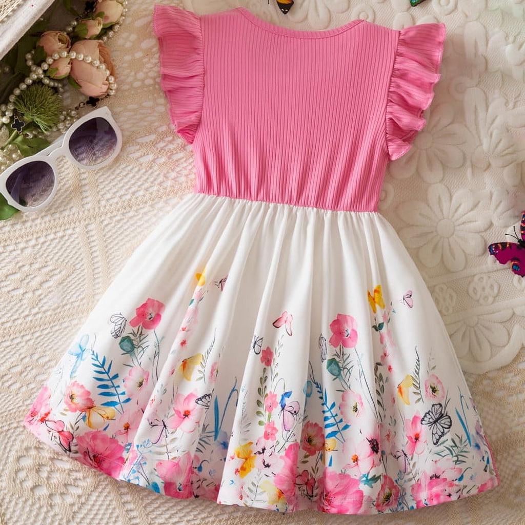Toddler Girls Dress Flutter Sleeve Bow Waistband Floral Butterfly Print Skater Style Casual Summer Dress for Little Girls