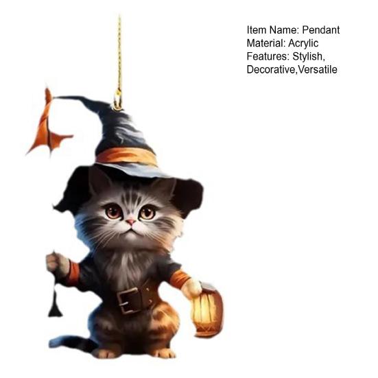 Cat Pendant Halloween Decoration Witch Cat Lantern Ornament Cute Hanging Acrylic Pendant for Car Bag Keychain Decor