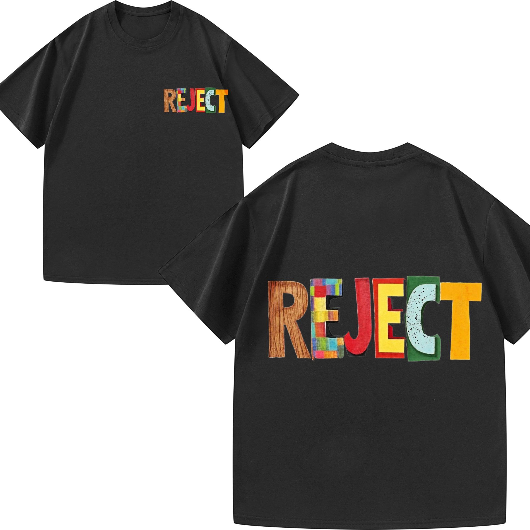 

Mens Tshirt Black Colorful Letter REJECT Print Casual Daily Wear Street Style Top 4XL