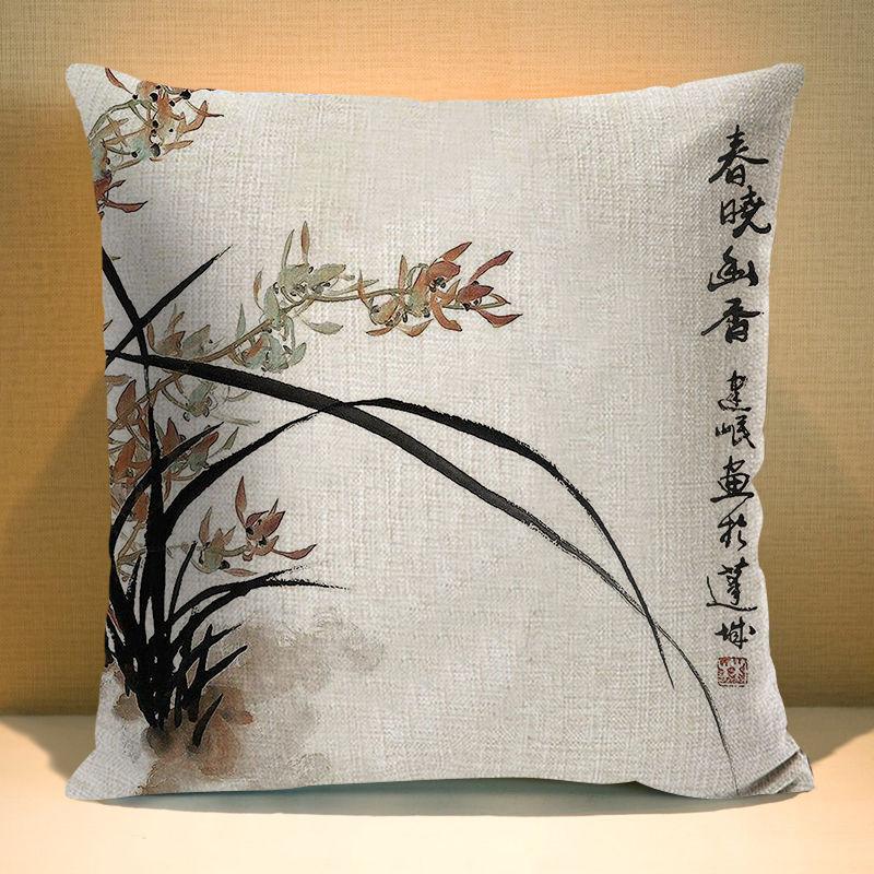Chinese Ink Plant Pillow Case Flowers Xcm Square Decorative Cushion Cover for Sofa Home Printed Throw Polyester Pillowcase