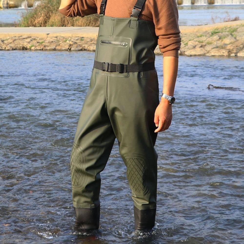 

Useful PVC Fishing Suit Double Knee Pads Waterproof Wader Pants Thicken Design Waterproof Trousers Outdoor Fishing Shoe size 41 зелений