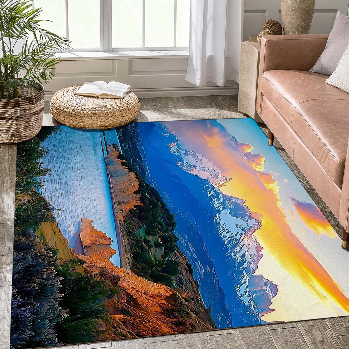 Greek Coastal Town Sunset Rug, Seaside Decor Mat 40x60cm( 15x23in )