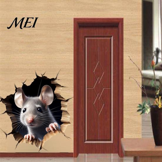 Realistic Animal Decal for Windows Grey Mouse Peeking Wall Decal, 3D Hole Effect Sticker, Removable Three Dimensional Sticker PVC Art Living