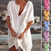 Damen Unifarben Kurzarm O-Ausschnitt Knöpfe Locker Übergröße Mittellanges T-Shirt