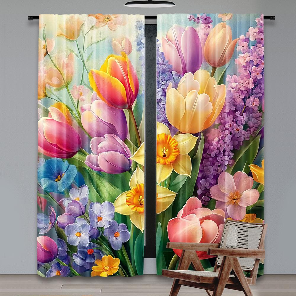 2Pcs Spring Curtain Colorful Dreamy Scenario Of Blooming Roses Lavender And Peony With Leaves Suitable For Bedroom Bathroom