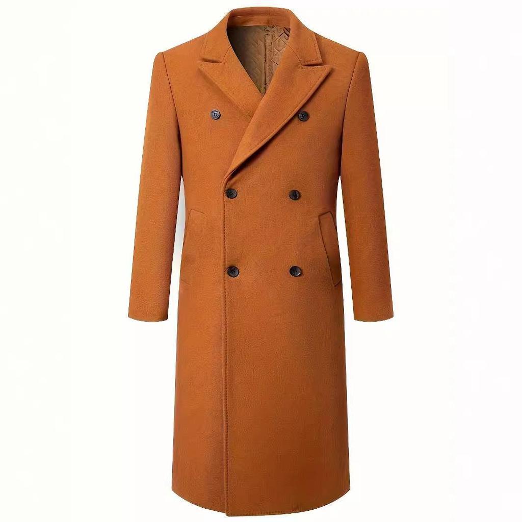 Autumn and Winter Thickened Padded Extra Long Knee Woolen Coat Men's Double-breasted Slim-fitting Trench Coat