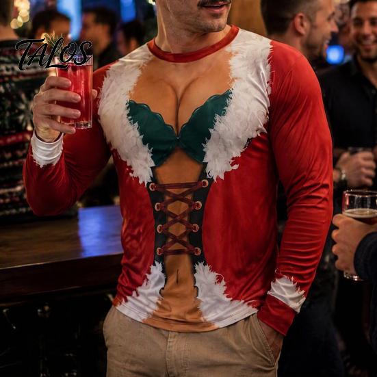 Creative Party Clothes Funny Christmas Shirt, Hilarious 3D Fake Corset Chest Print Crew Neck Shirt Pullover Top, Novelty Long Sleeve Festival Costume