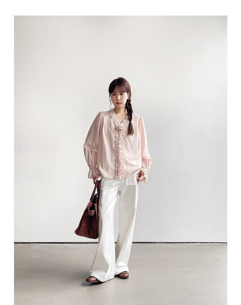 Camisa Feminina Ge Ming com Flores 3D e Manga Sino - Top Retro Francês de Primavera