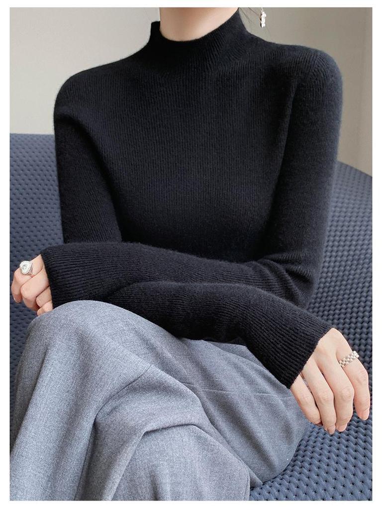 Women's Slim-Fit Semi-High Neck Long Sleeve Knitwear Pullover for Autumn and Winter