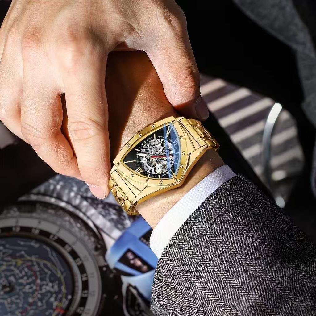 Automatic Man Watch Luxury Stainless Steel Triangle Dial Mechanical Wristwatches Skeleton Waterproof Luminous Watch