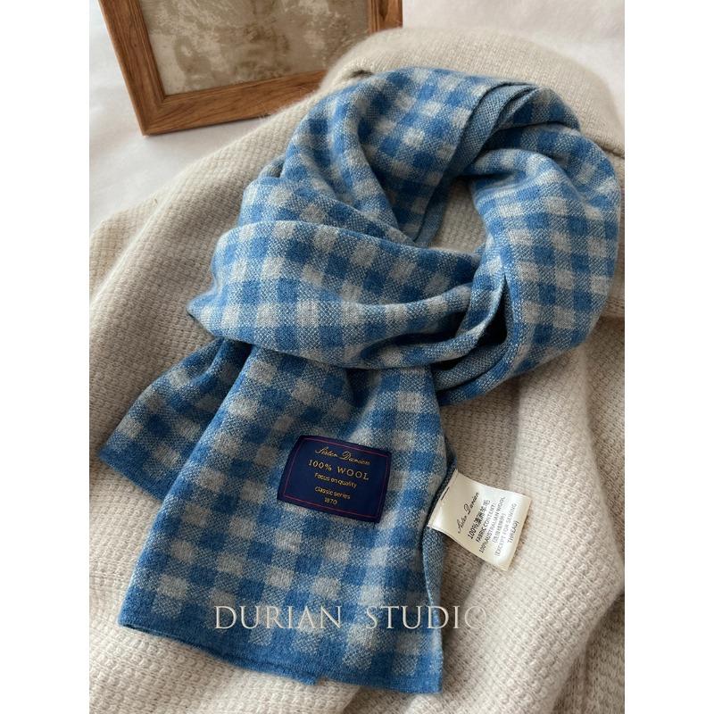 Reine Wolle Blauer Karoschal Winter Verdickt Warm Paarschal