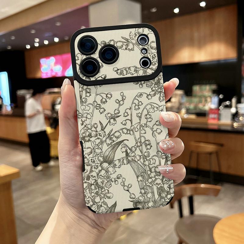 Floral Plants Printed Vertical Grain Leather Soft Silicone Phone Case Back Cover with Camera Lens Full Protection for iPhone 17
