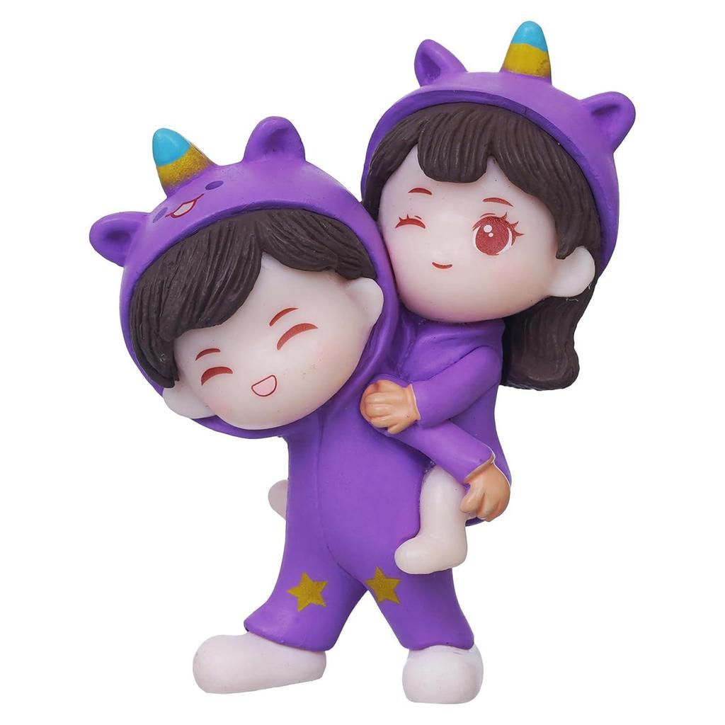 Purple Miniature Cute Couple Statue Girl On Boy's Shoulder Decorative Showpiece - Valentine Gift for Girlfriend, Boyfriend, Husband, Wife (Polyresin)