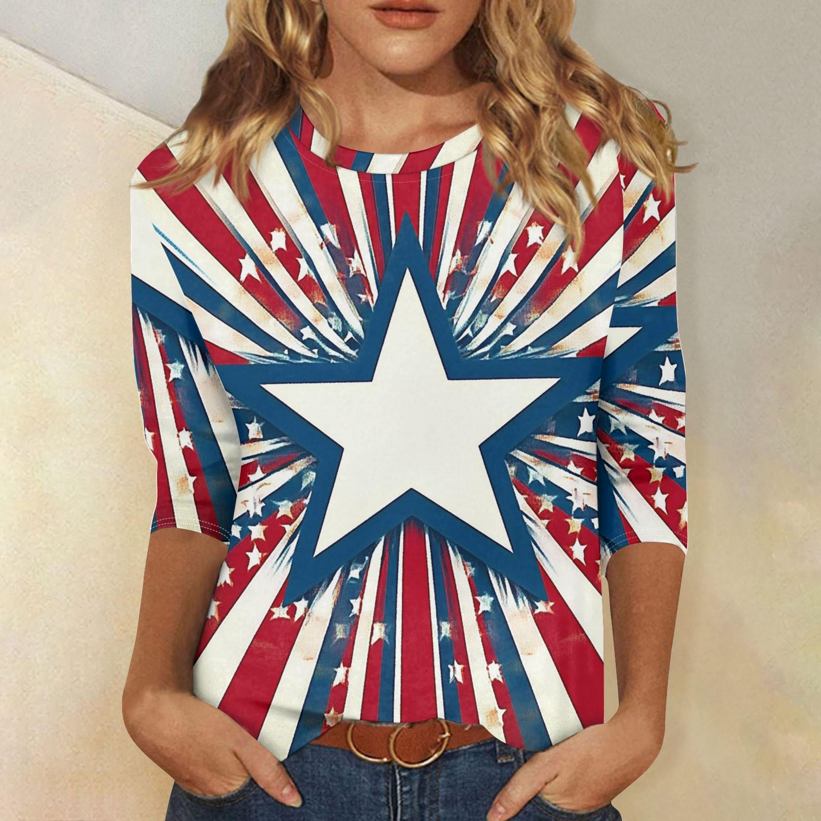 

Женская мода, повседневная свободная футболка с принтом на День независимости и круглым вырезом, рукав 3/4, женский топ XXXL циан