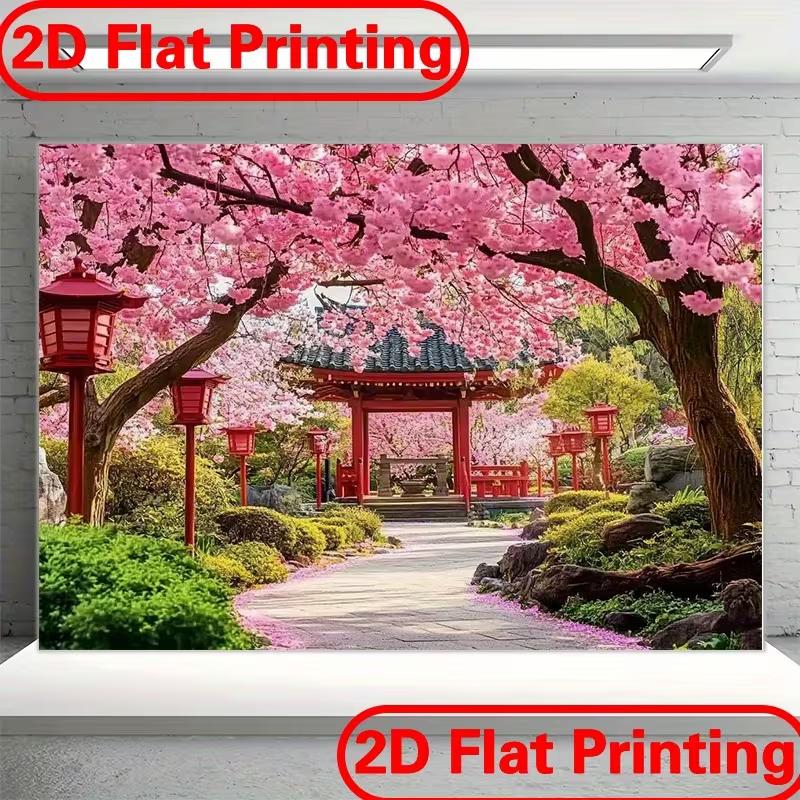 2D Japanese Cherry Blossom Shrine Backdrop Sakura Garden Background