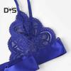 2 Pcs/Set Bra Panties Set Lace Uo Bow knot See through Lace V Neck Spaghetti Strap Three Point Pornographic Lady Underwear Suit
