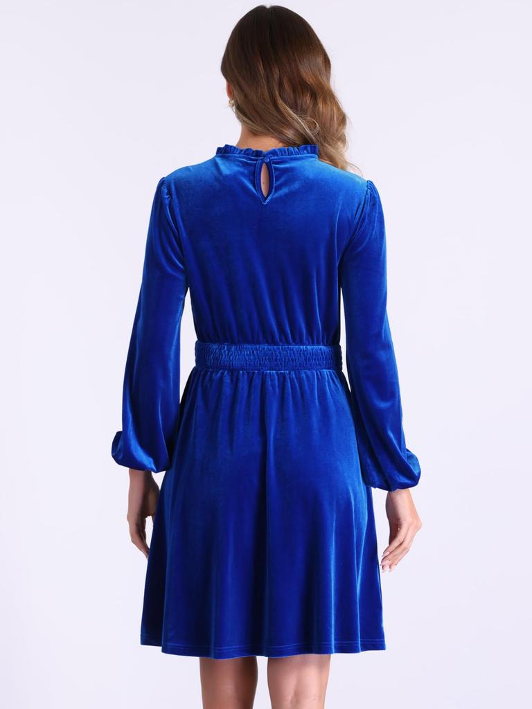 Allegra K Women's Velvet Dress with Smocked Waistline and Long Sleeves, Wedding Guest Dress, Blue, Size L