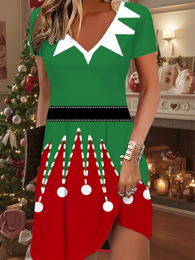 Fashion Women's V Neck Short Sleeve  Christmas Snowman Printed  Dress Sex Short Skirt Dresses