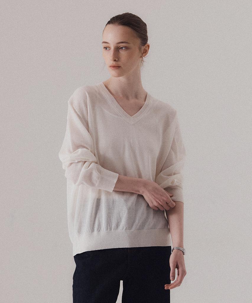 SILN Fine Sheer V-Neck Pullover Knit (Ivory)
