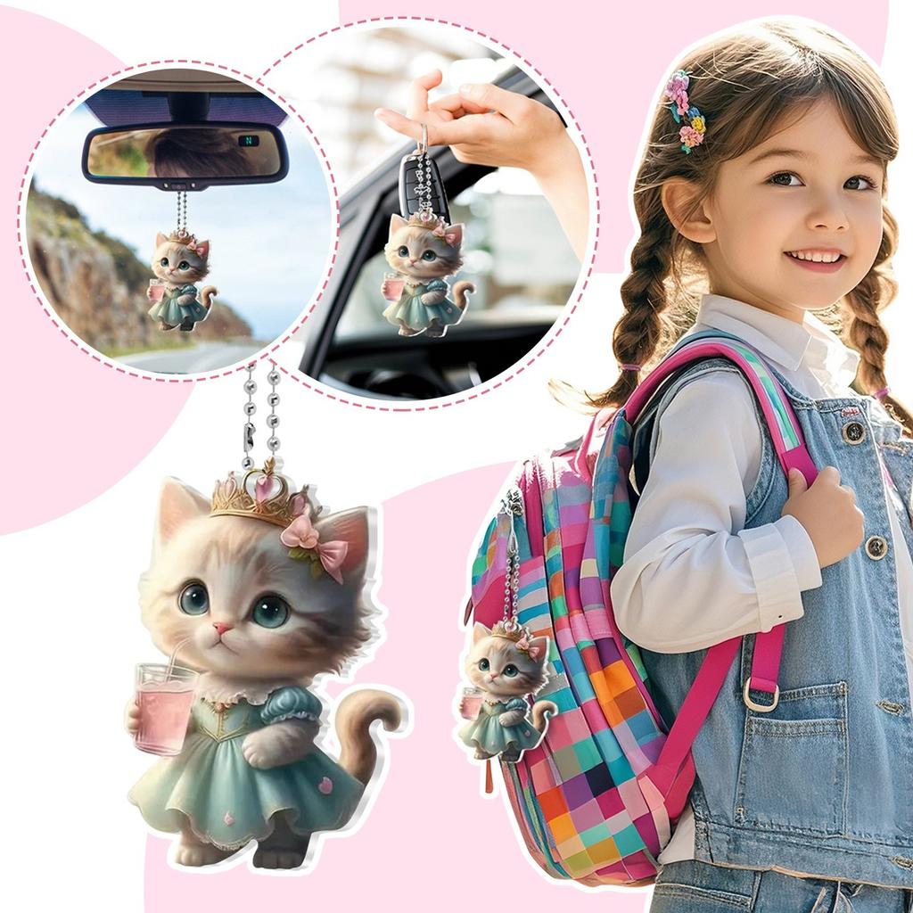 2D Cute Car Acrylic Flat Rearview Mirror Pendant Keychain Accessories