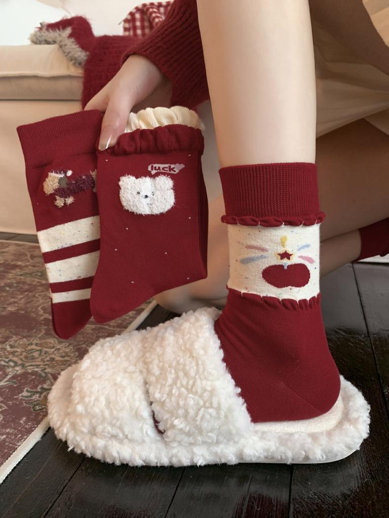 Berry Red Series Socks Season Korean Bear Versatile Stacking Socks New Year'S Socks