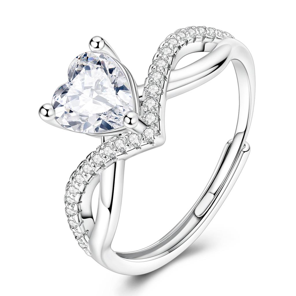 Copper Heart Zircon Sparkling Cubic Zirconia Open Adjustable Ring For Women Promise Anniversary Jewelry Gift