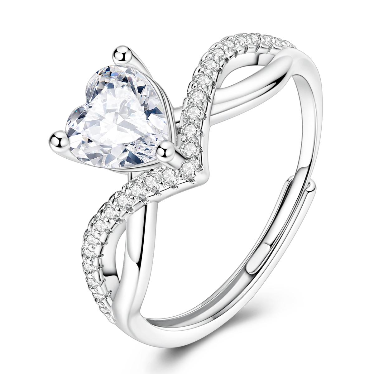 Copper Heart Zircon Sparkling Cubic Zirconia Open Adjustable Ring For Women Promise Anniversary Jewelry Gift