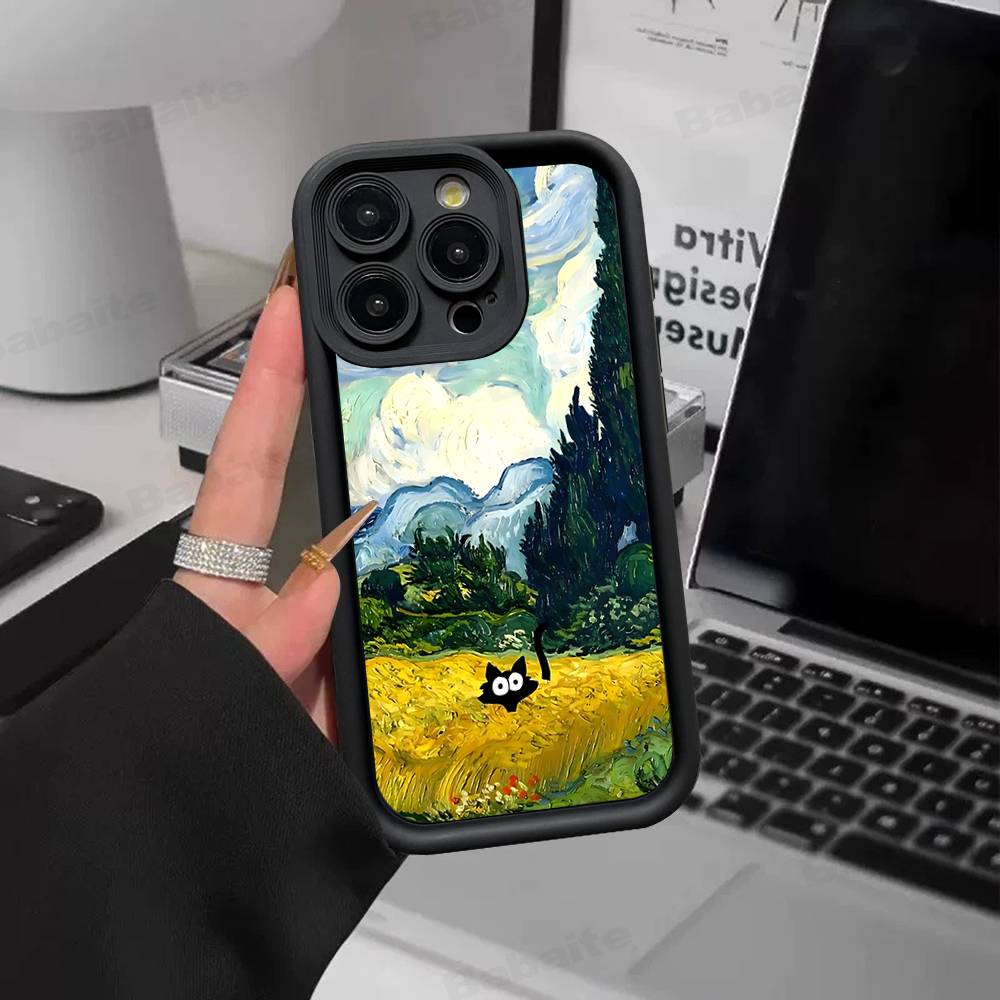 Black Cat Van Gogh Silicone Soft Phone Case For IPhone 17 16 14 13 12 11 15 Pro Max Plus Air Cover