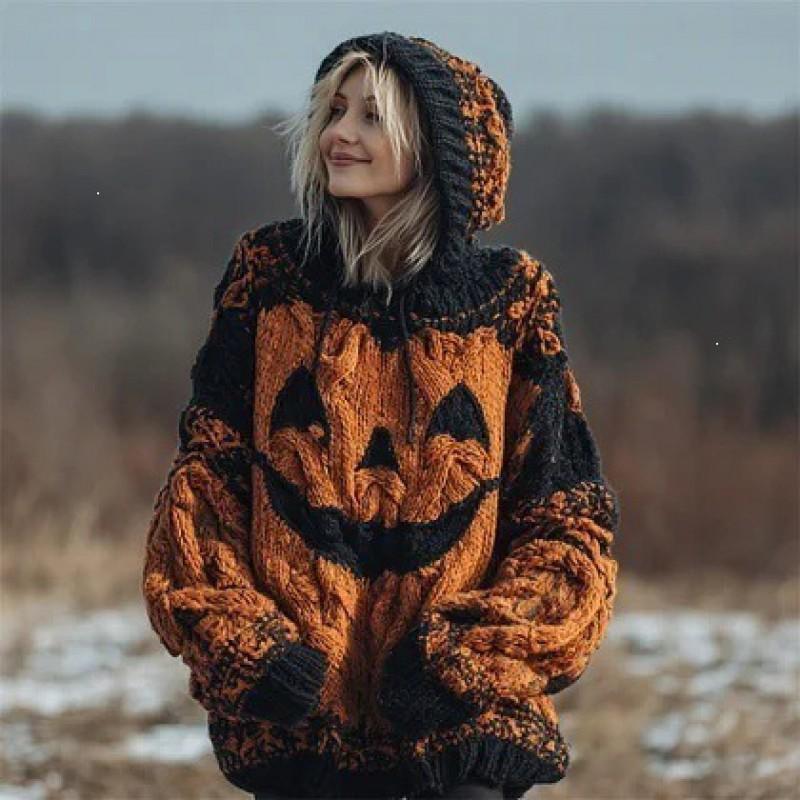 Womens Cozy Oversized Hooded Sweater With 3D Christmas Snowman Print Soft Knit Pullover Winter