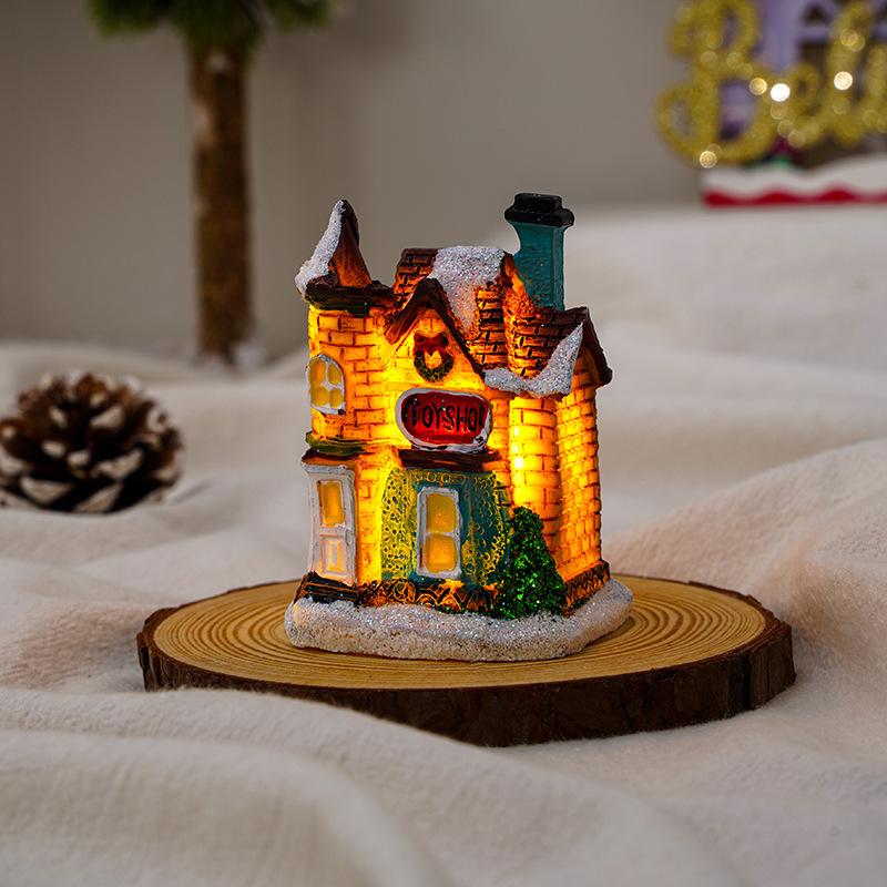 Christmas Decorations Luminous Resin Christmas Small House Micro Landscape Christmas Snow House Gift Ornaments